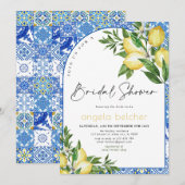 Invitation Fête des mariées citron - Carreaux bleus italiens (Devant / Derrière)