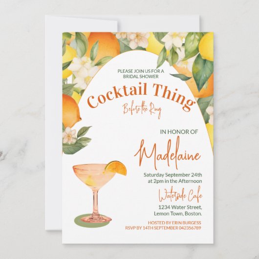 Invitation Fête des mariées Citron Orange Citrus Cocktail (Devant)