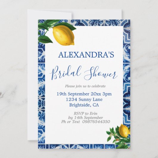 Invitation Fête des mariées Citrons Bleu Blanc Toscan Carrela (Devant)