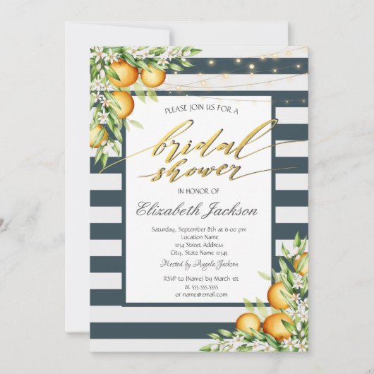 Invitation Fête des mariées Citrus citron bleu marine (Devant)