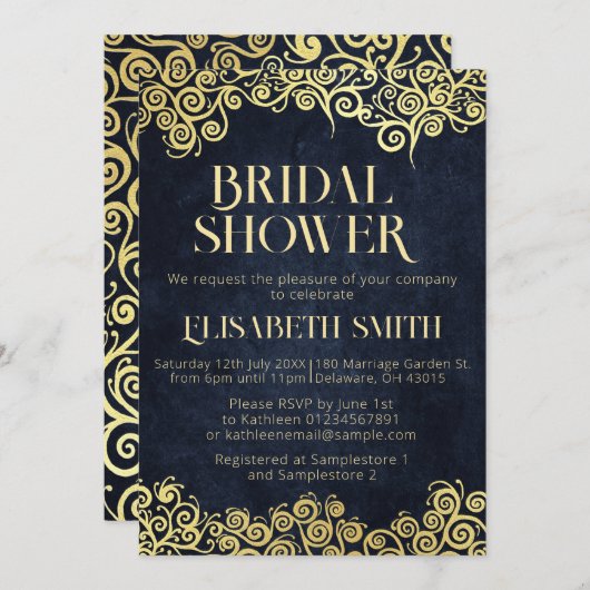 Invitation Fête des mariées Classique Bleu Marine Et Gold Swi (Devant / Derrière)