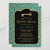 Invitation Fête des mariées clé Léopard turquoise & Or (Devant / Derrière)