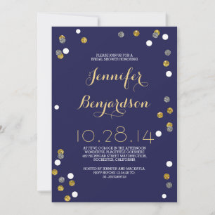 Invitation Fête des mariées Confetti Gold et Silver Navy