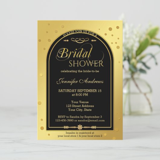 Invitation Fête des mariées Confetti Noir Or (Debout devant)