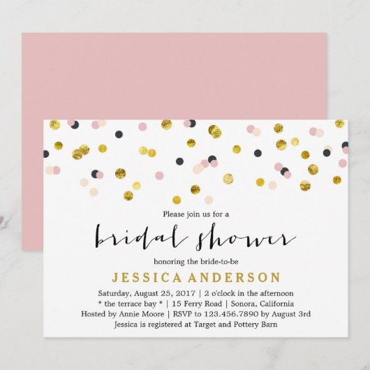 Invitation Fête des mariées Confetti or et rose (Devant / Derrière)