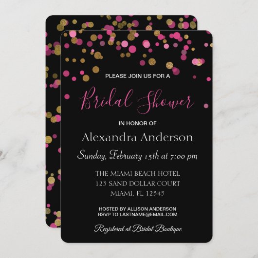 Invitation Fête des mariées Confetti rose et or chaud (Devant / Derrière)