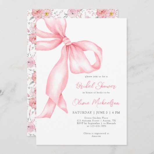 Invitation Fête des mariées Coquette Florale Bow rose Ribbon (Devant / Derrière)