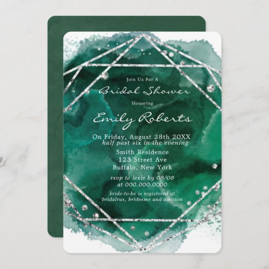 Invitation Fête des mariées couleur argent Emerald Green (Devant / Derrière)