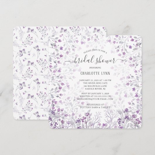Invitation Fête des mariées Dainty Purple Aquarelle Fleurs (Devant / Derrière)