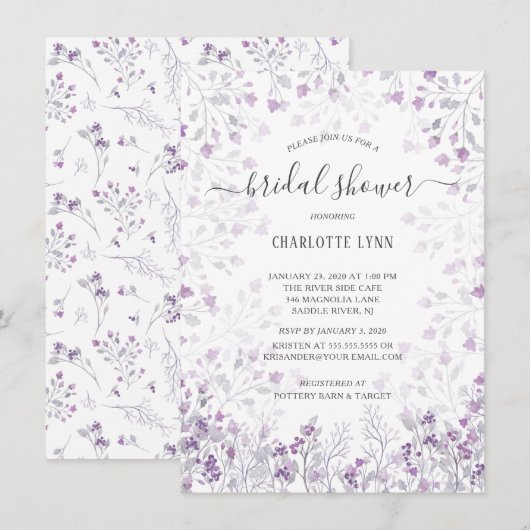 Invitation Fête des mariées Dainty Purple Aquarelle Fleurs (Devant / Derrière)