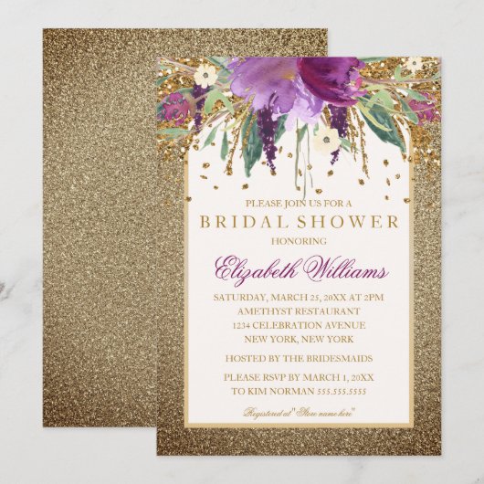Invitation Fête des mariées d'améthyste à étincelles d'or (Devant / Derrière)