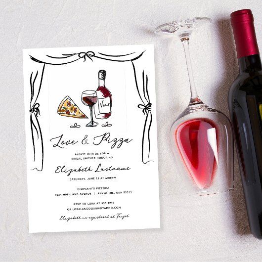 Invitation Fête des mariées d'amour et de pizza à main rétro