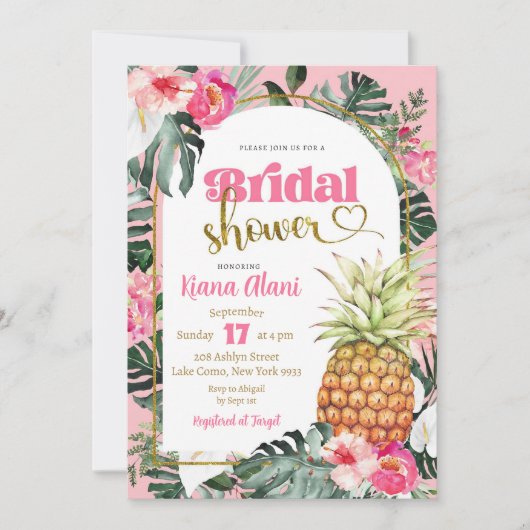 Invitation Fête des mariées d'ananas rose tropicale (Devant)