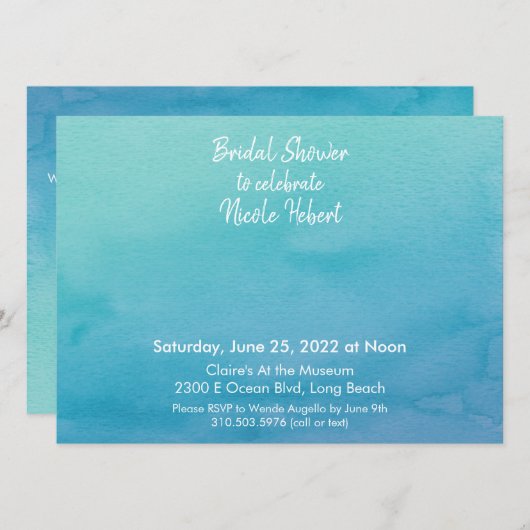 Invitation Fête des mariées d'aquarelle 3 bleu/Turquoise Ombr (Devant / Derrière)