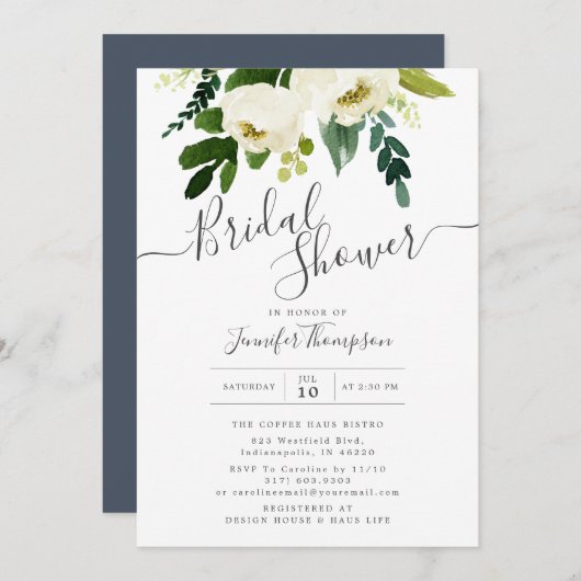 Invitation Fête des mariées d'aquarelle à fleurs blanches et  (Devant / Derrière)