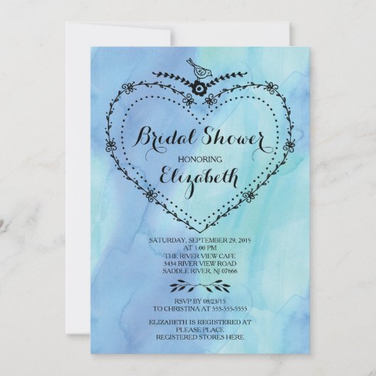 Invitation Fête des mariées d'aquarelle bleu coeur Whimsical (Devant)