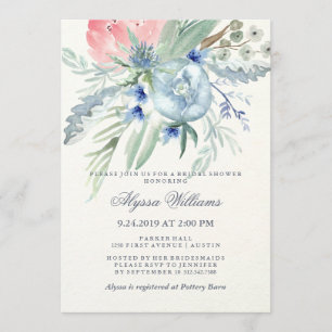 Invitation Fête des mariées d'aquarelle bleu et rose Peony