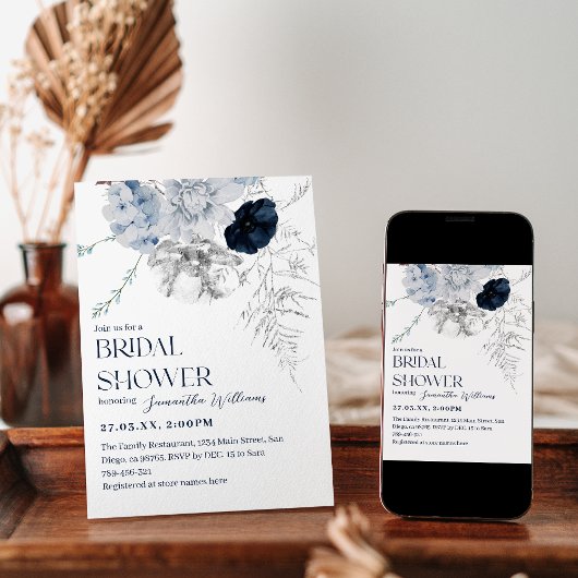 Invitation Fête des mariées d'aquarelle bleu Fleur d'hiver