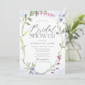 Invitation Fête des mariées d'aquarelle bleu fleur sauvage Wr (Debout devant)
