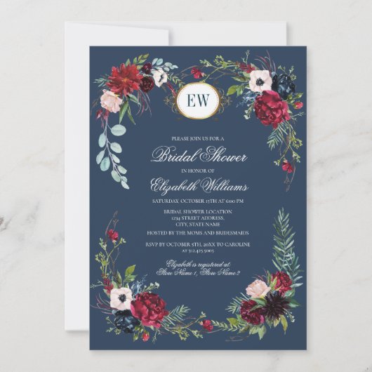 Invitation Fête des mariées d'aquarelle bleu marine, bourgogn (Devant)