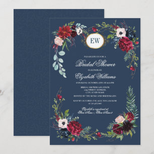 Invitation Fête des mariées d'aquarelle bleu marine, bourgogn