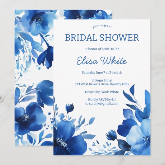Invitation Fête des mariées d'aquarelle Blue Blooms PERSONNAL (Devant / Derrière)
