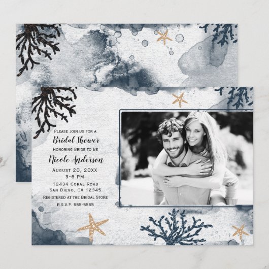 Invitation Fête des mariées d'aquarelle de corail bleu marine (Devant / Derrière)