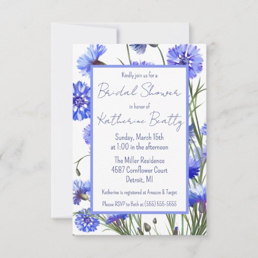 Invitation Fête des mariées d'aquarelle de Cornflower bleu (Devant)