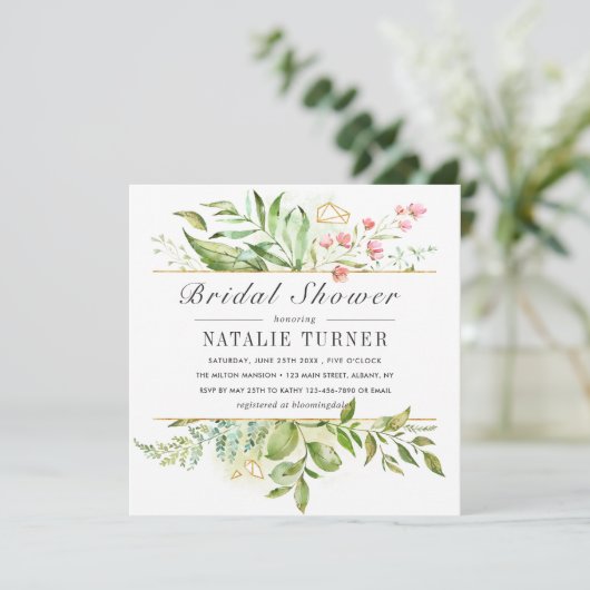 Invitation Fête des mariées d'aquarelle de feuillage vert sau (Debout devant)