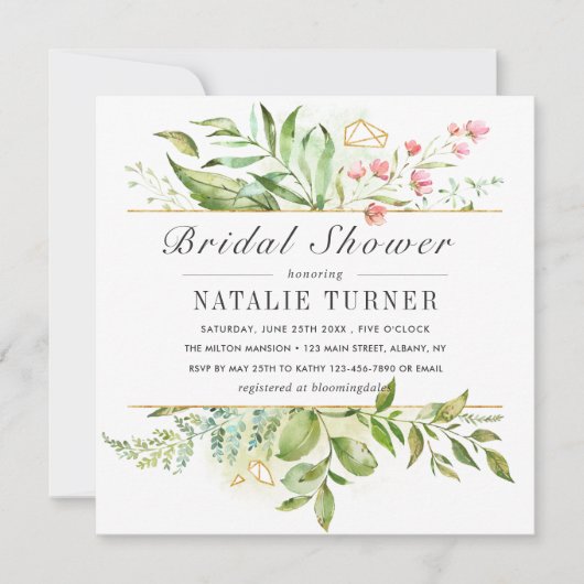 Invitation Fête des mariées d'aquarelle de feuillage vert sau (Devant)