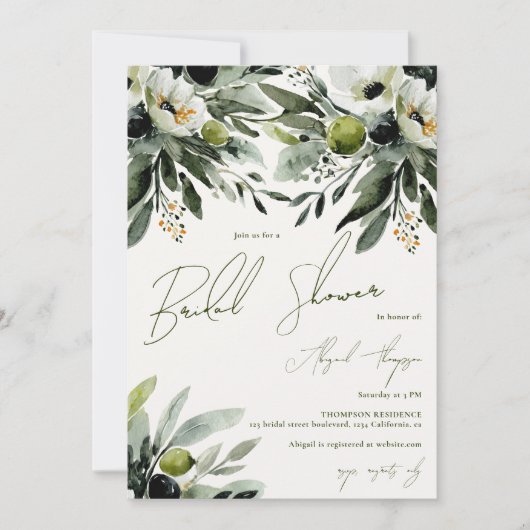 Invitation Fête des mariées d'aquarelle d'olive de verdure ru (Devant)