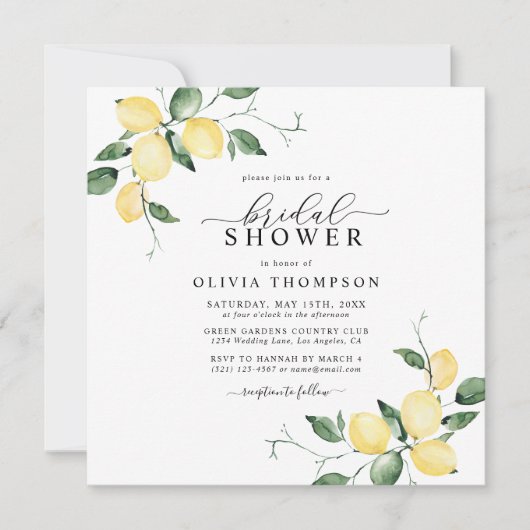 Invitation Fête des mariées d'aquarelle élégante aux citrons (Devant)