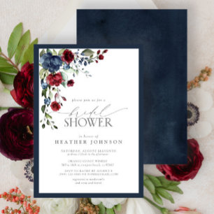 Invitation Fête des mariées d'aquarelle florale Bleu Bourgogn