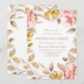 Invitation Fête des mariées d'aquarelle florale blush et or (Devant / Derrière)