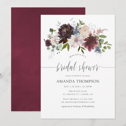 Invitation Fête des mariées d'aquarelle florale de la Bourgog (Devant / Derrière)