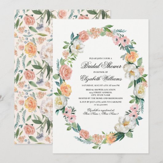 Invitation Fête des mariées d'aquarelle florale d'ivoire rose (Devant / Derrière)