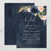 Invitation Fête des mariées d'aquarelle florale Gold Navy (Devant / Derrière)