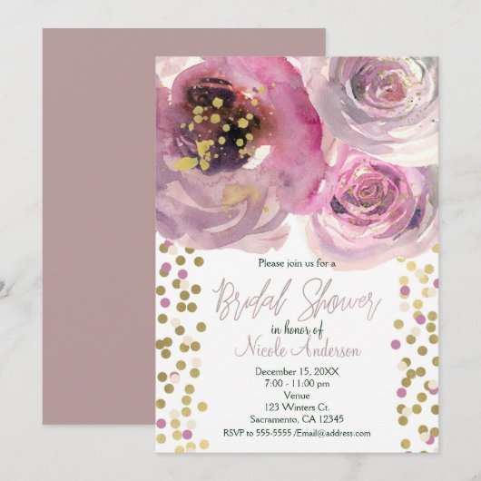 Invitation Fête des mariées d'aquarelle florale rose et or (Devant / Derrière)