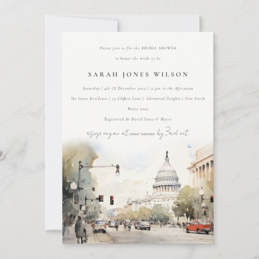 Invitation Fête des mariées d'aquarelle minimale Washington D (Devant)