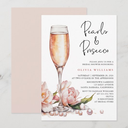 Invitation Fête des mariées d'aquarelle Pearl & Prosecco (Devant / Derrière)