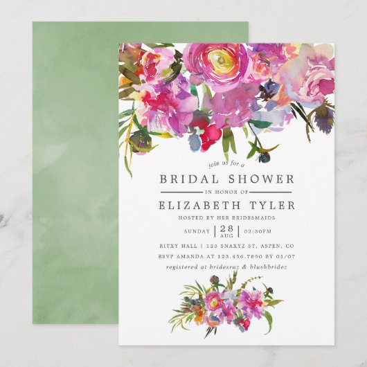 Invitation Fête des mariées d'aquarelle Pink Peonies vintages (Devant / Derrière)