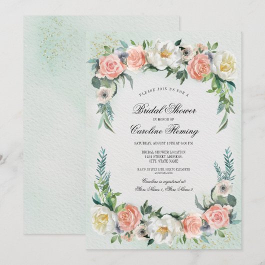 Invitation Fête des mariées d'aquarelle romantique Rose Wreat (Devant / Derrière)