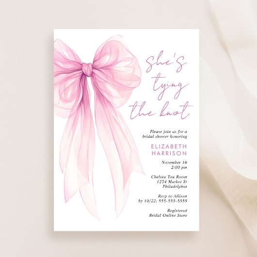 Invitation Fête des mariées d'aquarelle rose Coquette Bow