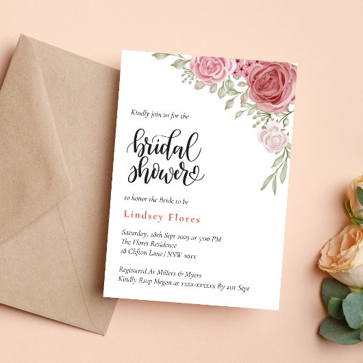 Invitation Fête des mariées d'aquarelle Rose fleurie