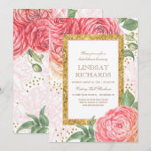 Invitation Fête des mariées d'aquarelle rose floral or Confet (Devant / Derrière)