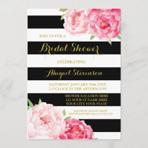 Invitation Fête des mariées d'aquarelle rose rayé noir