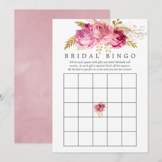 Invitation Fête des mariées d'aquarelle Rose rose et or Bingo (Devant / Derrière)