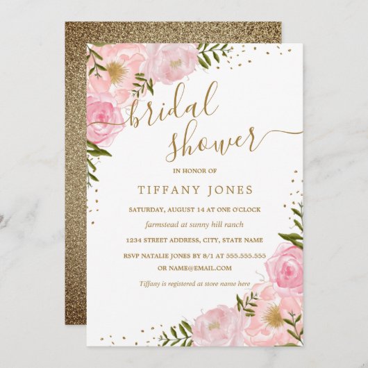 Invitation Fête des mariées d'aquarelle rose Rose floral (Devant / Derrière)