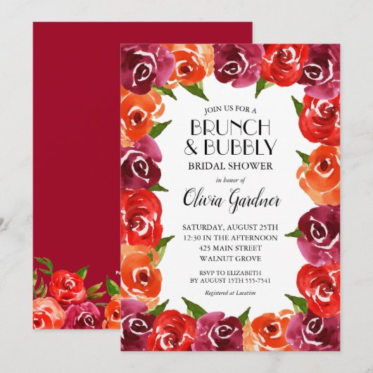 Invitation Fête des mariées d'aquarelle rouge orange Claret (Devant / Derrière)