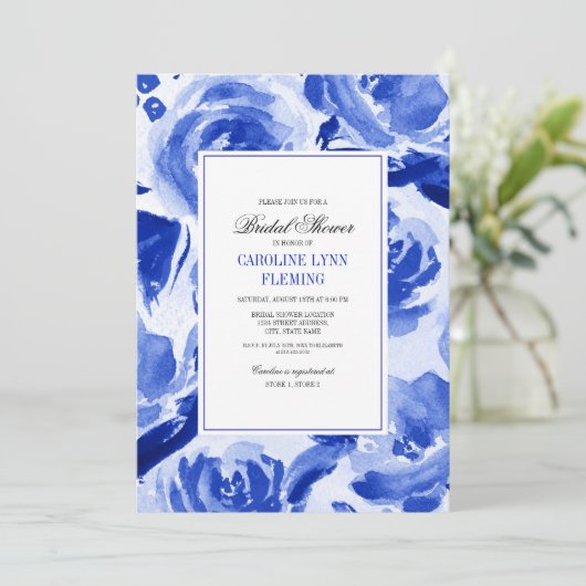 Invitation Fête des mariées d'aquarelle Royal Blue Floral (Debout devant)
